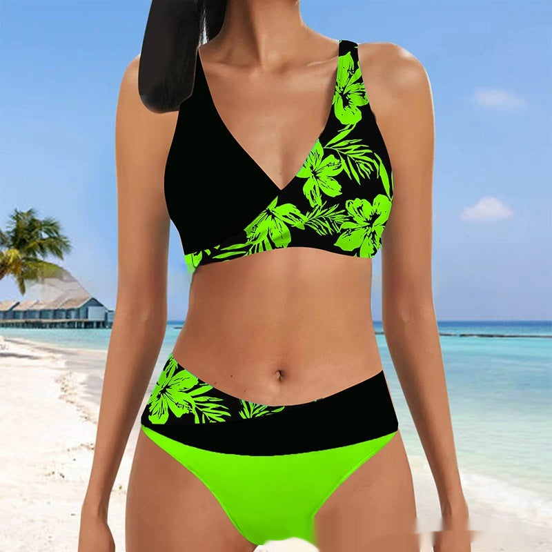 European And American Swimwear Halter Lace-up Printed Swimsuit