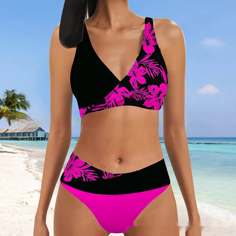 European And American Swimwear Halter Lace-up Printed Swimsuit