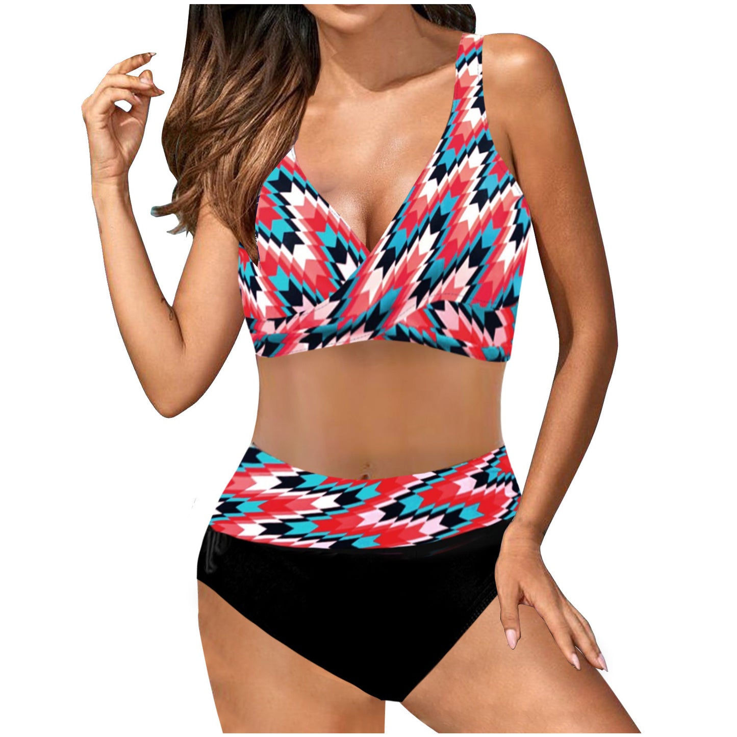 European And American High Waist Lace-up Multicolor Bikini Swimsuit