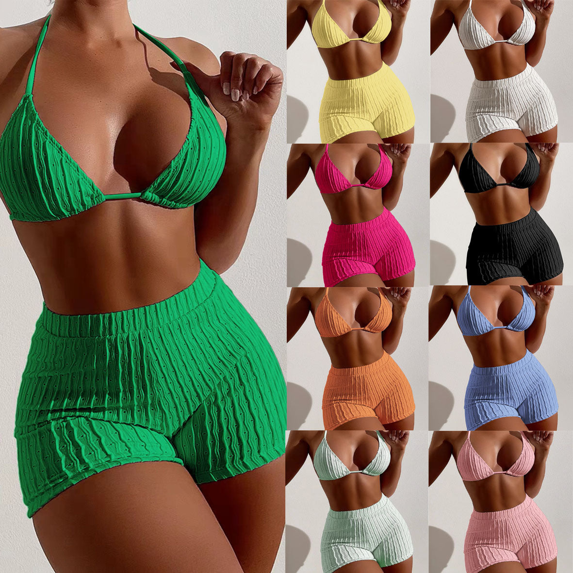 Women's Fashion Mesh Cloth Split Pure Color Bikini Swimsuit