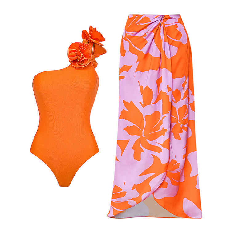 Oblique Shoulder Flower One-piece Swimsuit Suit Skirt Women's Swimsuit