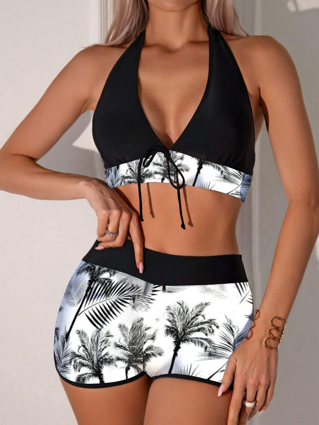 European And American Split Printed Swimsuit Halter Sexy Boxer