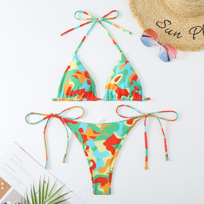 Ladies Split Contrast Color Sexy Lacing Triangle Bikini