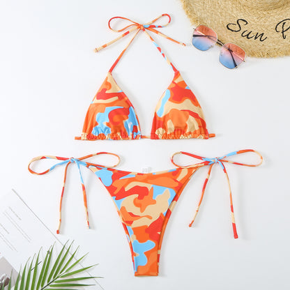 Ladies Split Contrast Color Sexy Lacing Triangle Bikini