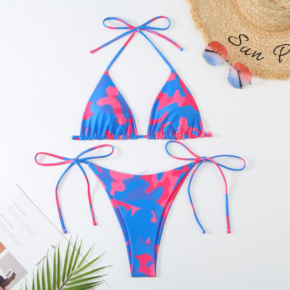 Ladies Split Contrast Color Sexy Lacing Triangle Bikini