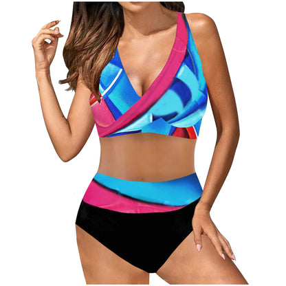 European And American High Waist Lace-up Multicolor Bikini Swimsuit